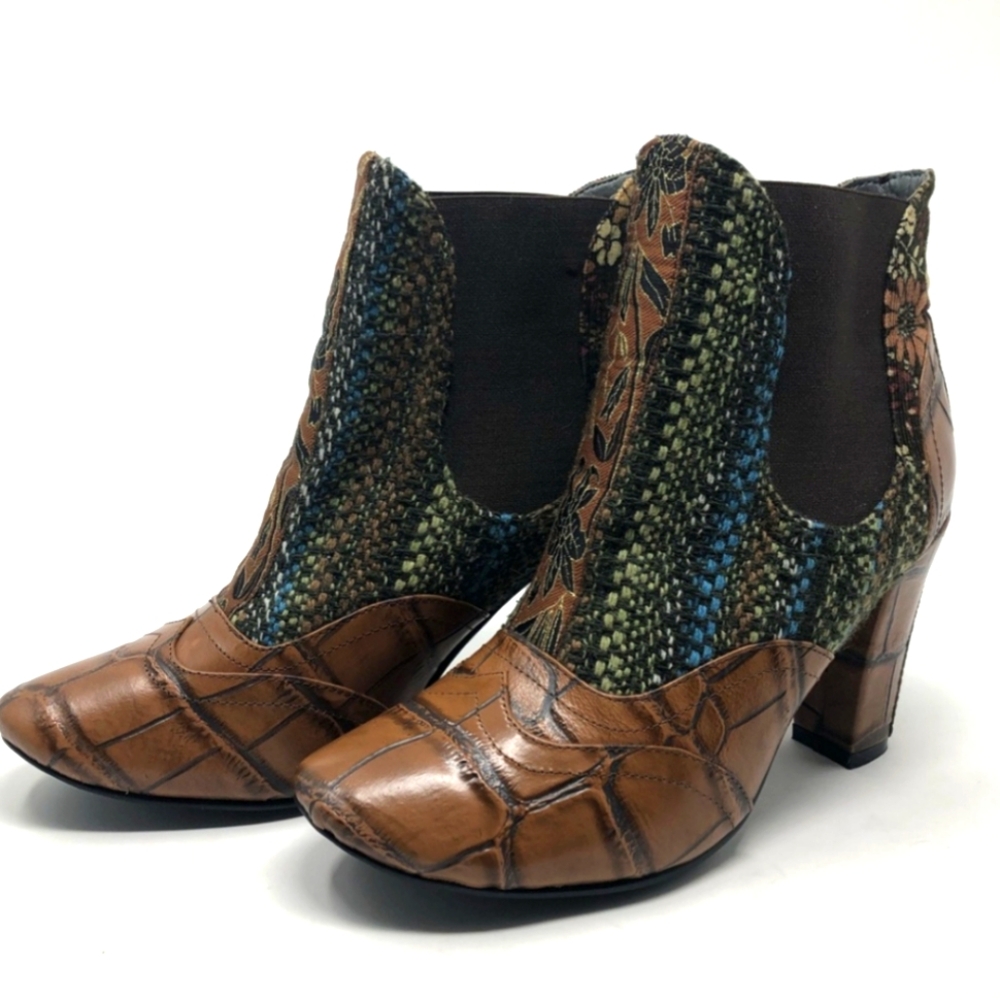 Croc Leather Tweed Brocade Boho Ankle Boots - Tracy Porter Anthropologie 6